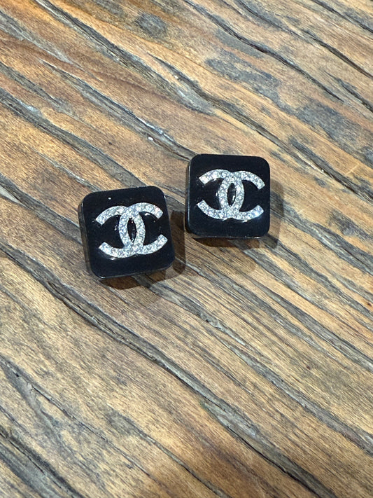 Auth Vintage CHANEL CC Logo Rhinestone Square Clip-On Earrings Black 95ＡUsed