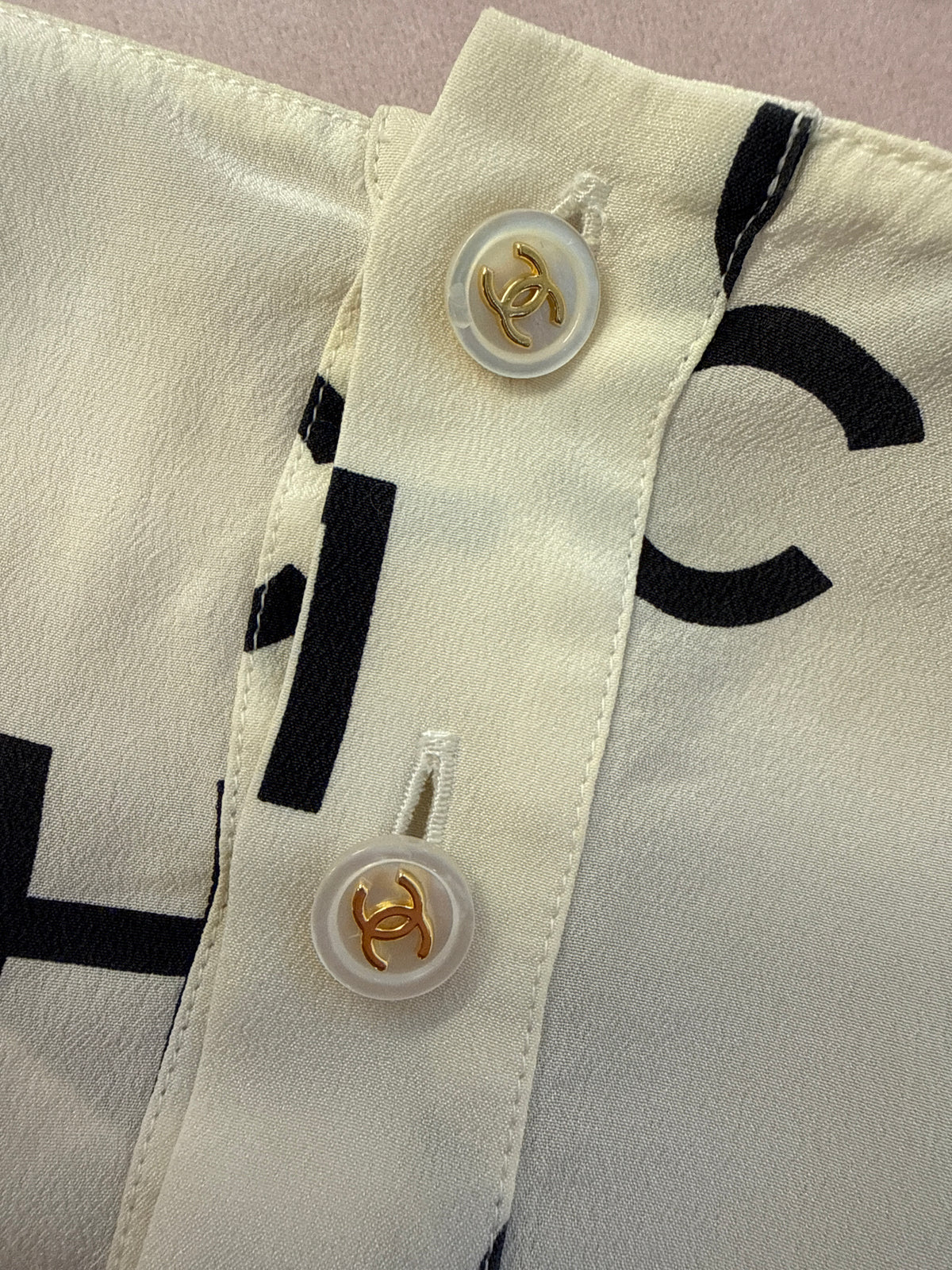 Chanel Alphabet Soup Cream Silk Short Sleeve Blouse Fr 40