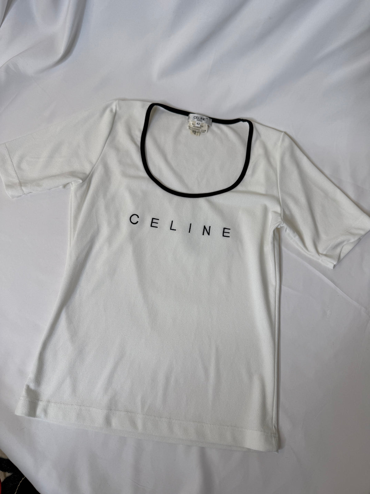Celine white Tshirt with black trim & embroidered logo