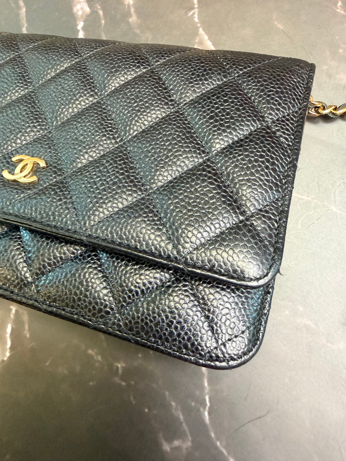 Chanel Black Caviar Classic Quilted Wallet On Chain (WOC) with Gold Hardware
