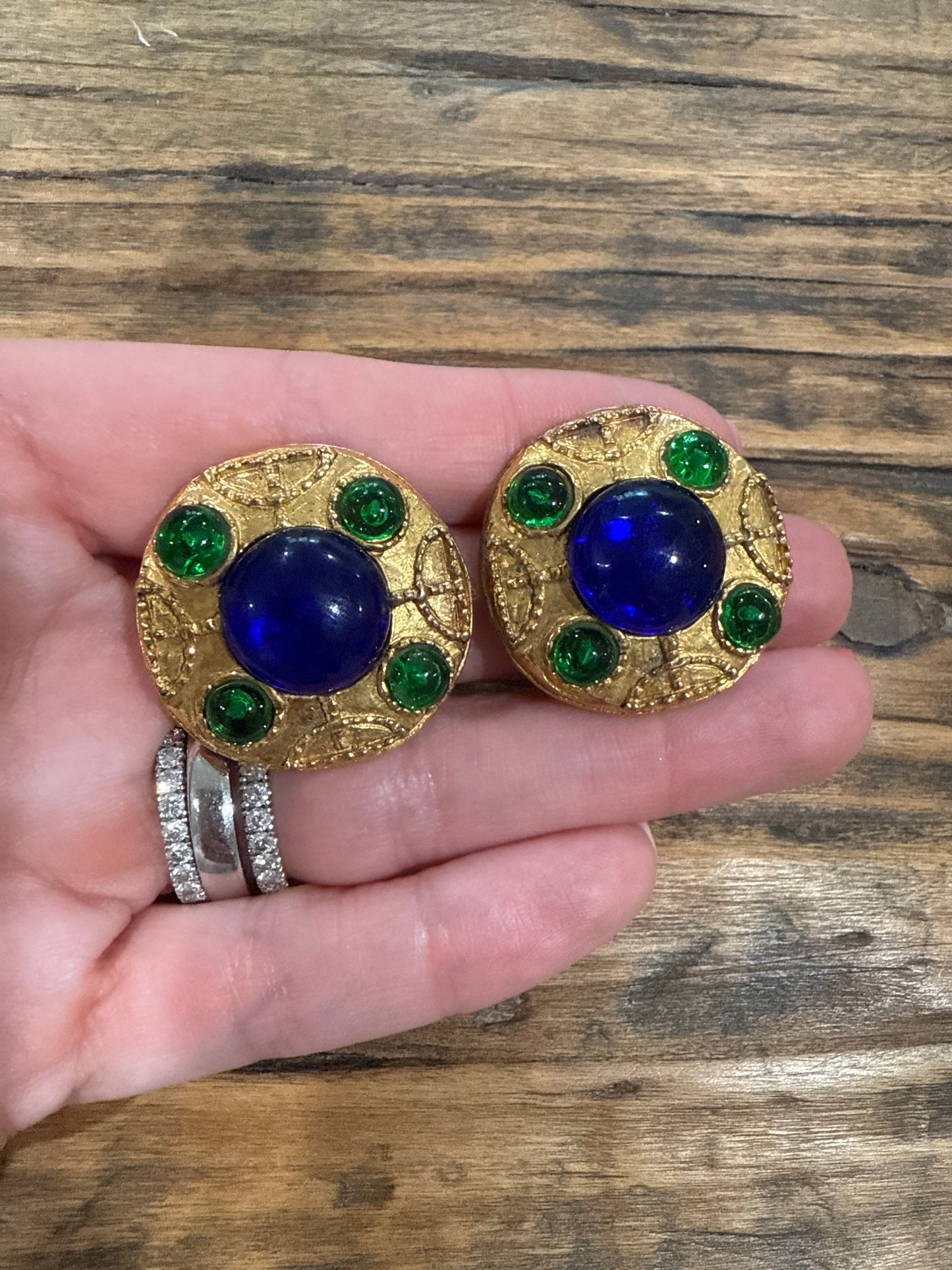 CHANEL Green & Blue Gripoix Gold Plated Paris Maison Clip On Earrings 1980's