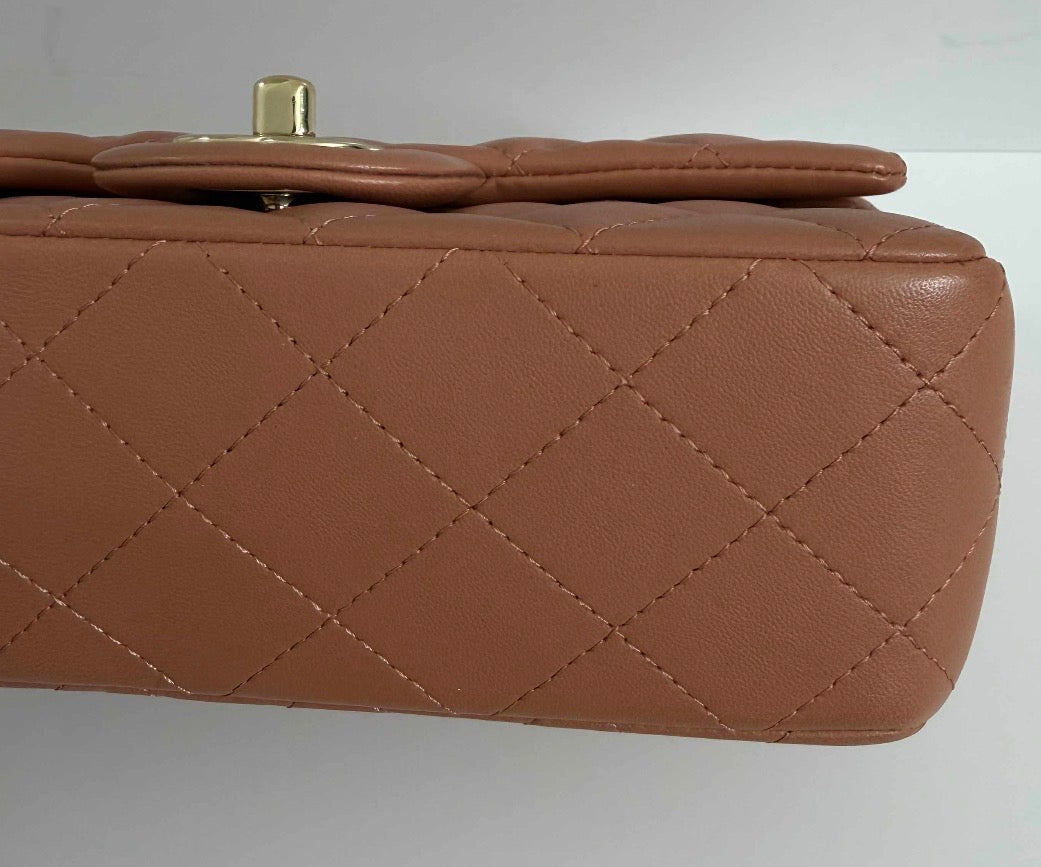 CHANEL Lambskin Quilted Mini Rectangular Flap Brown/Peach