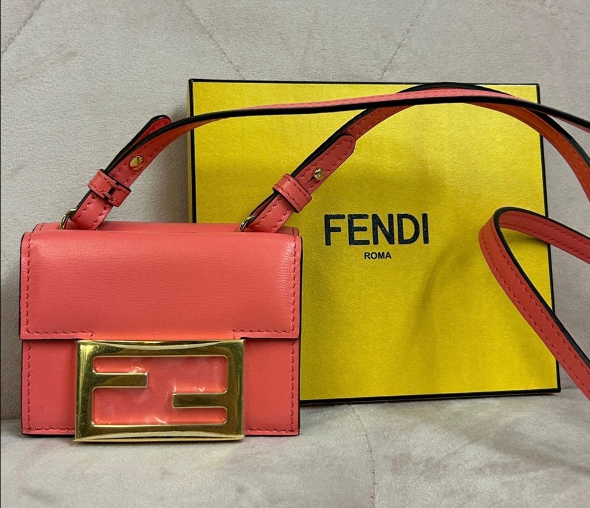 Fendi Mini Baguette Wallet on Strap – Coral Pink with Gold Hardware