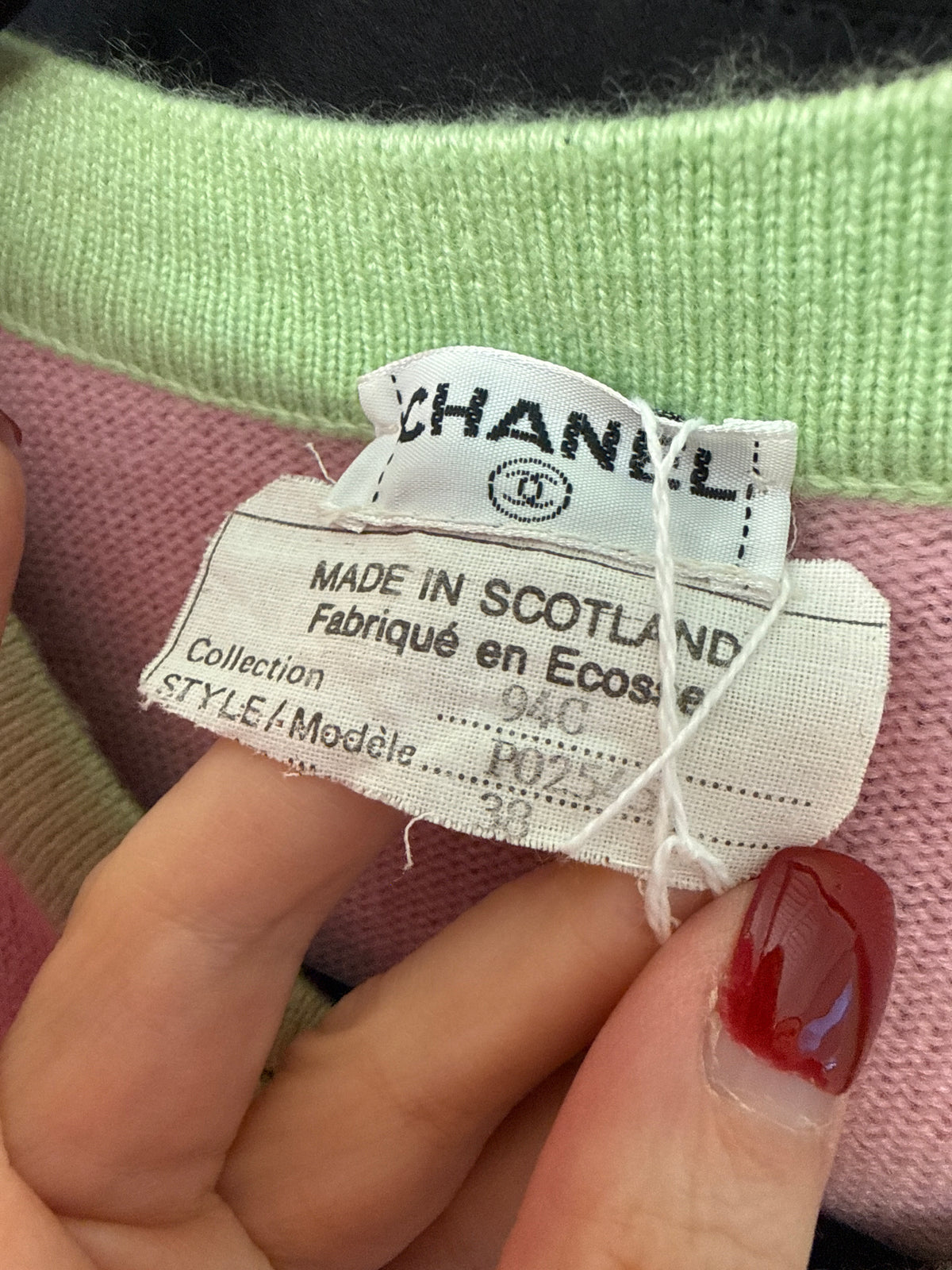 Vintage CHANEL Cashmere Knit Pink Melon Green Trim CC Logo Button Cardigan
