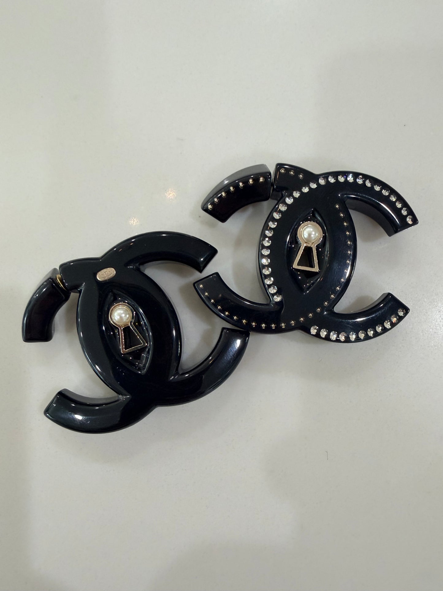 Chanel Metal Resin Crystal Pearl CC Hoop Earrings Gold Black XL