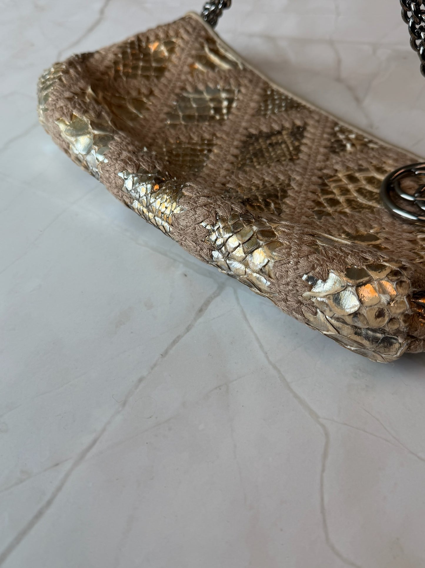 Chanel Gold Python Clutch with gunmetal hardware and big logo zipper pull
