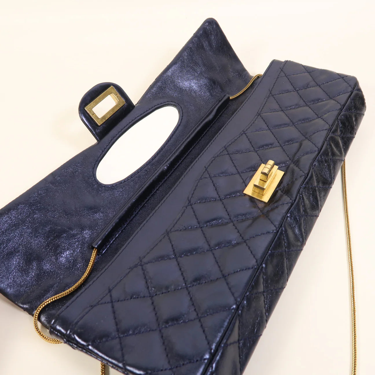Rare Chanel Extra Wide 13" Blue Metallic Exaggerated East West Clutch Shoulder Bag