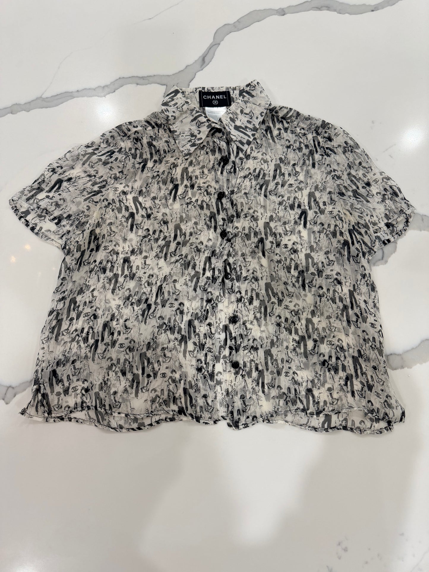 Chanel silk Fr 42 figures and logo pattern 03P top