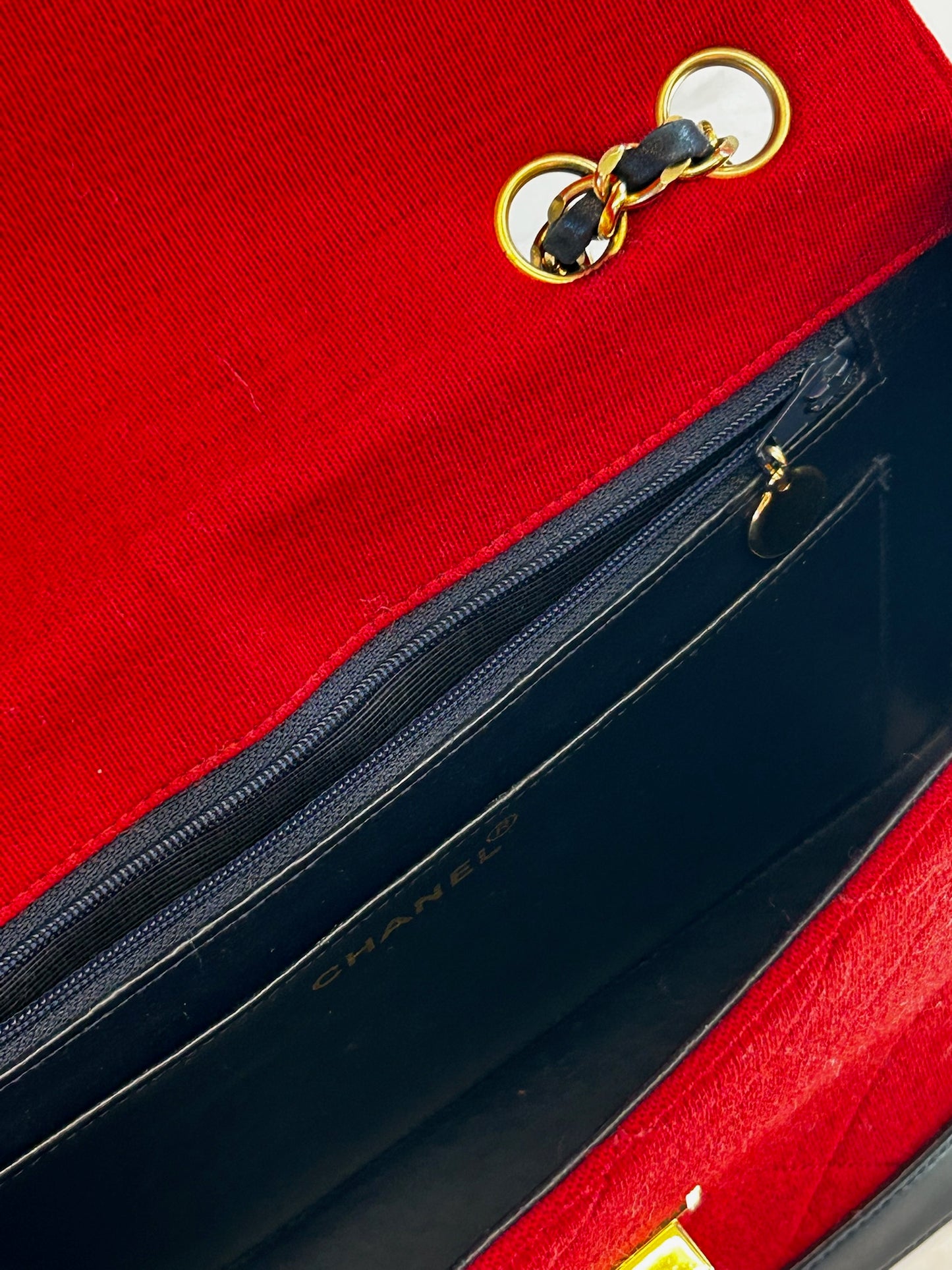 CHANEL Vintage Series 1 Flap Bag, Red Jersey Navy Leather GHW Comes W Card & COA