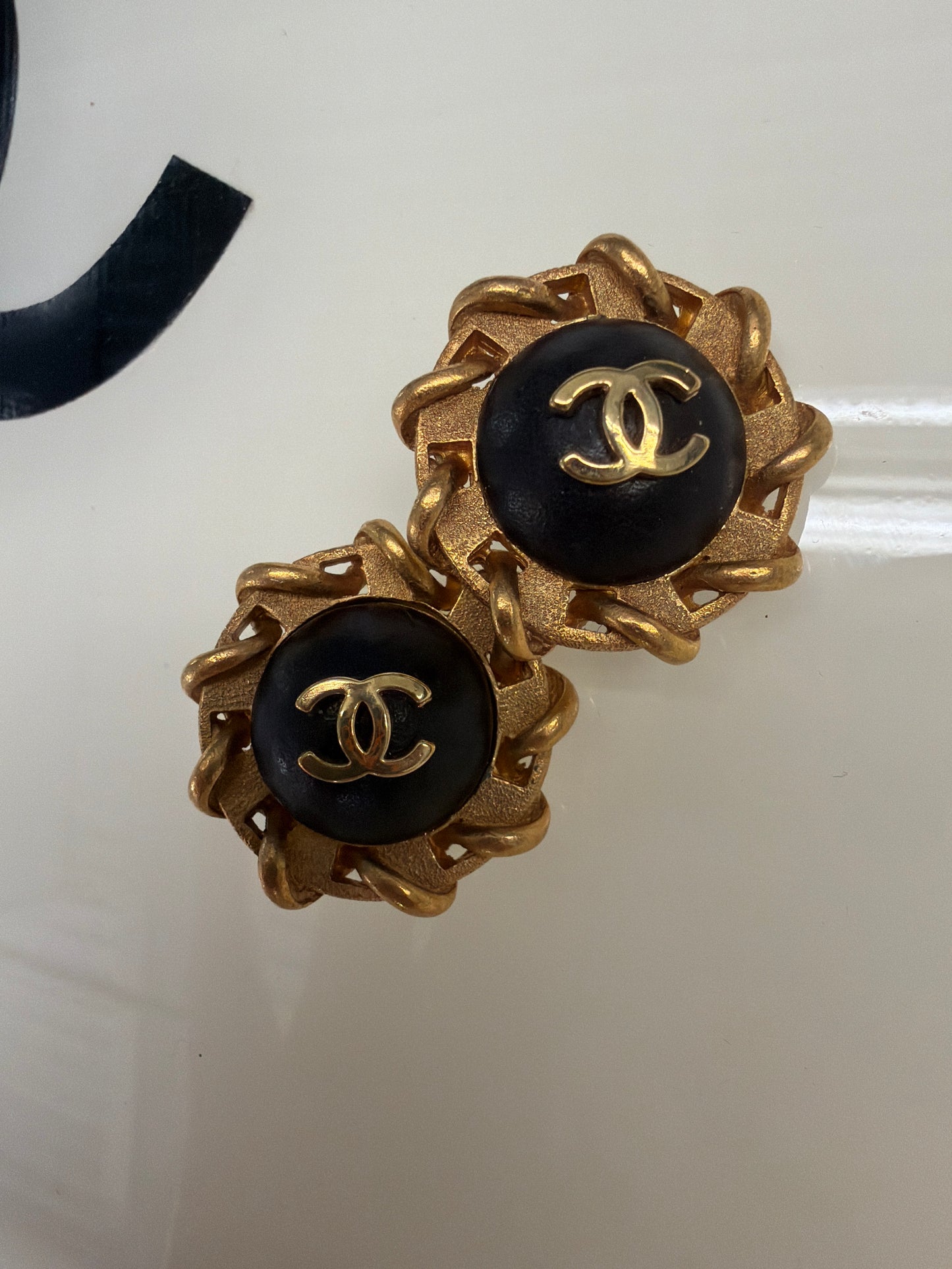 Chanel 95P black leather with 24k gold plated clip on earrings
