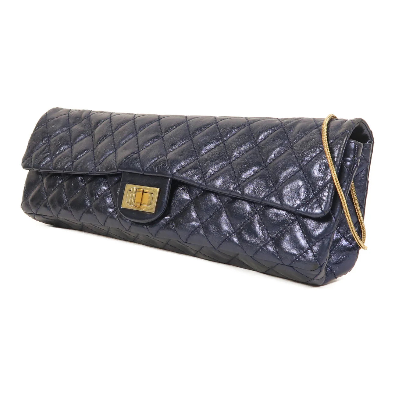 Rare Chanel Extra Wide 13" Blue Metallic Exaggerated East West Clutch Shoulder Bag