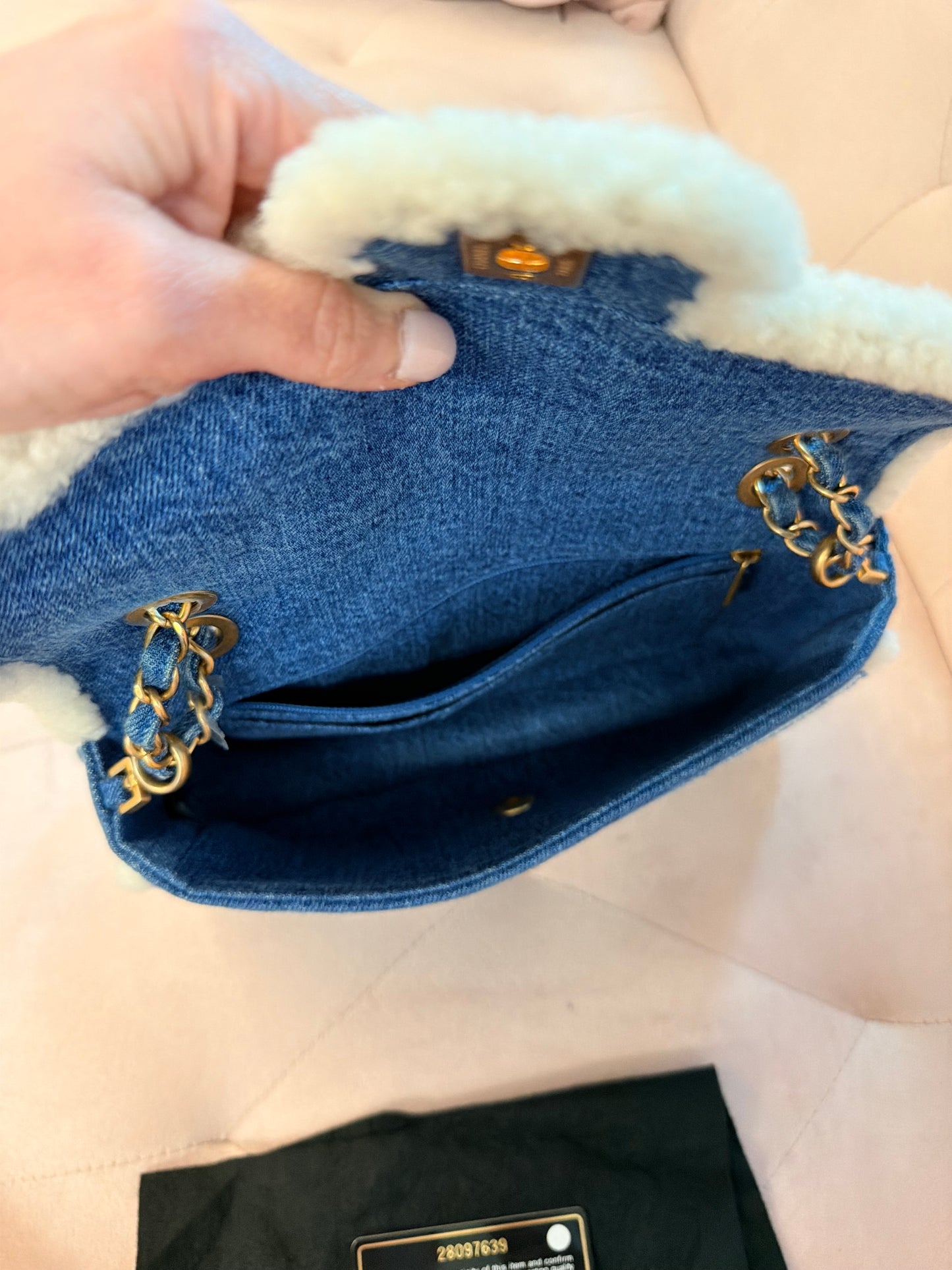 CHANEL 19A EGYPTIAN DENIM BLUE SHEARLING HIEROGLYPHIC MEDIUM FLAP BAG PARIS-NY GHW