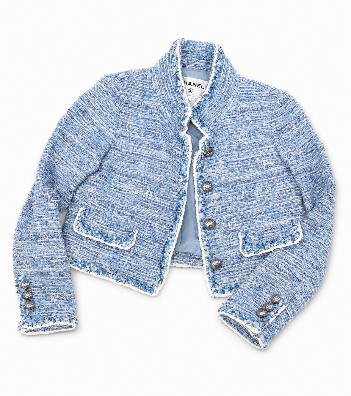 Chanel Blue 2015 LESAGE EYELASH cropped Tweed Jacket fr 34