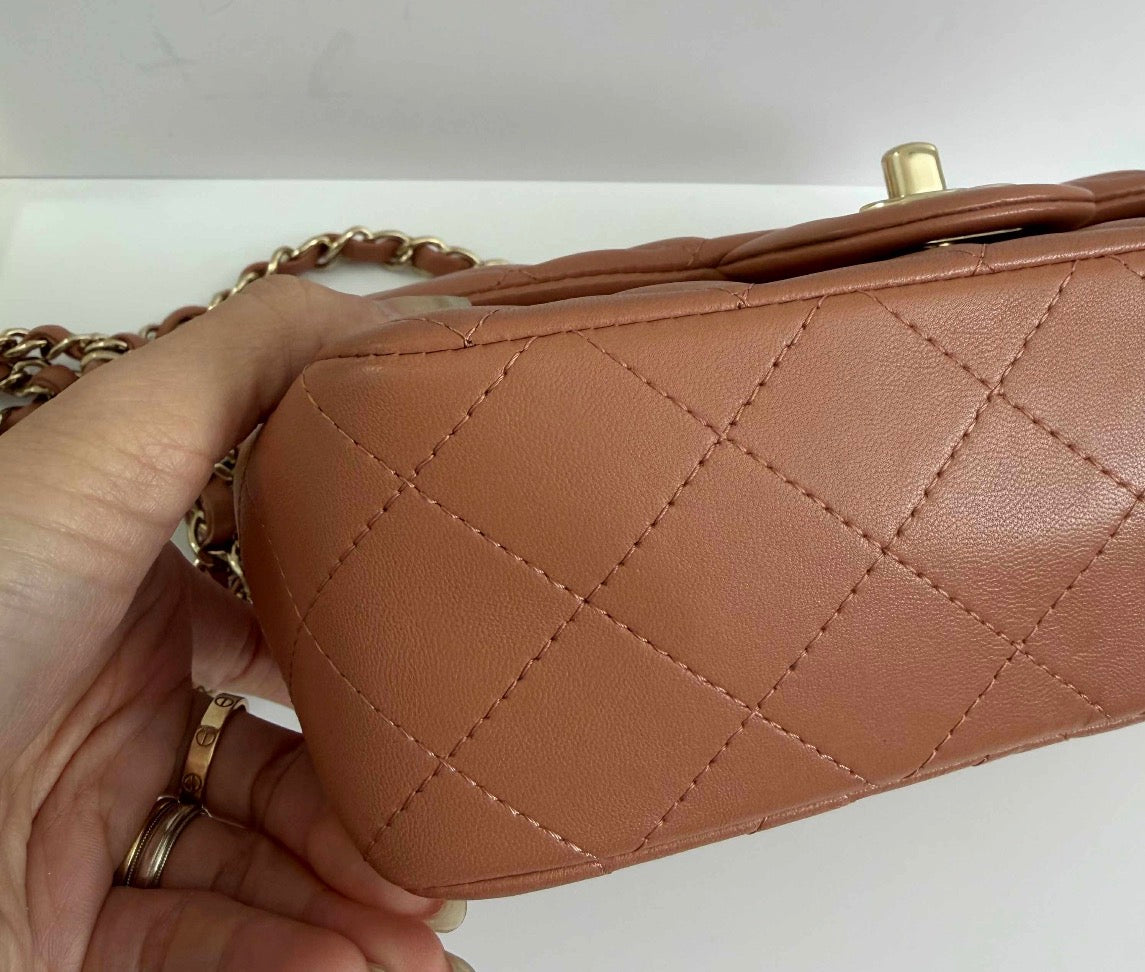 CHANEL Lambskin Quilted Mini Rectangular Flap Brown/Peach