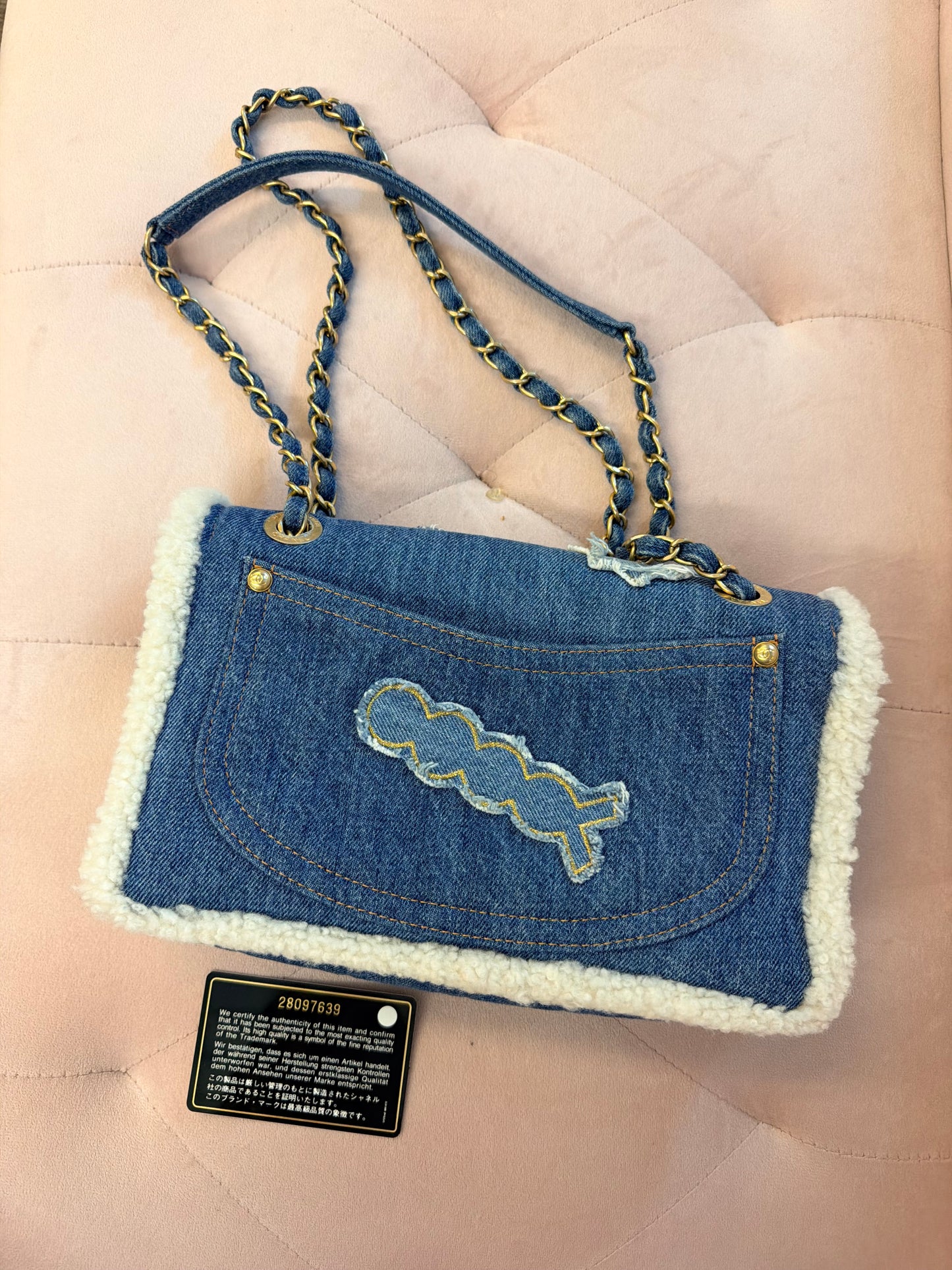 CHANEL 19A EGYPTIAN DENIM BLUE SHEARLING HIEROGLYPHIC MEDIUM FLAP BAG PARIS-NY GHW