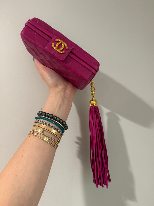 Chanel 80s Fuschia Lambskin Clutch with leather tassel