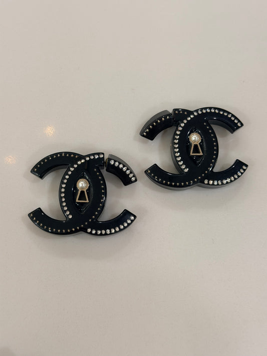 Chanel Metal Resin Crystal Pearl CC Hoop Earrings Gold Black XL