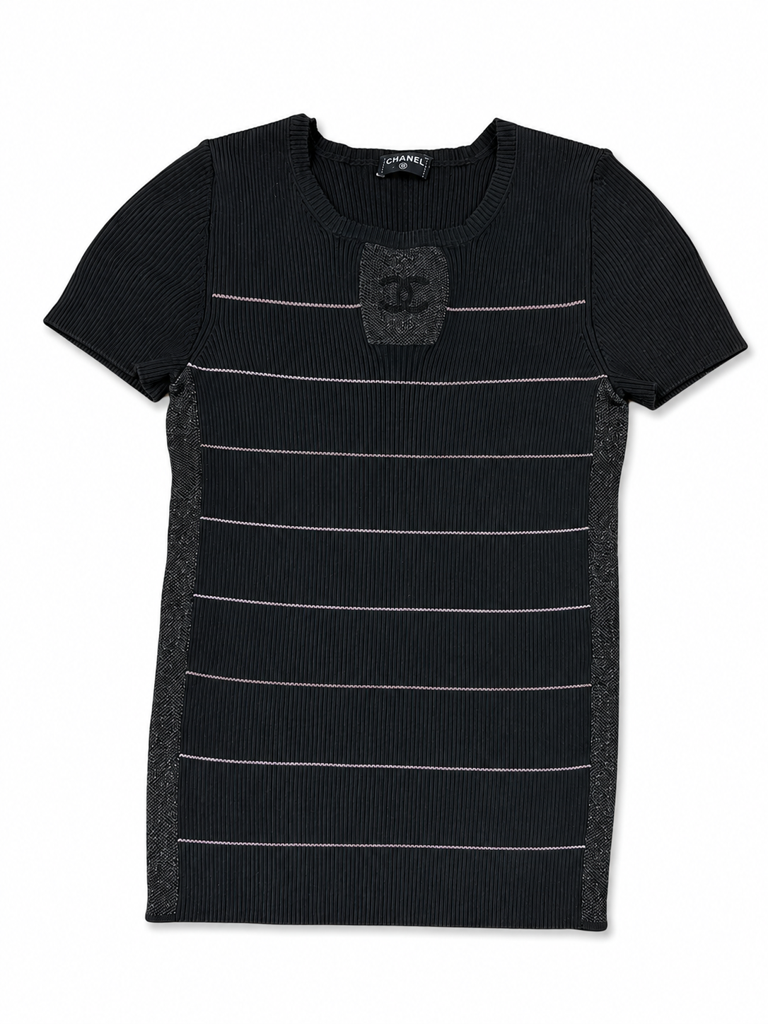 Chanel black tshirt with logo mesh detailing