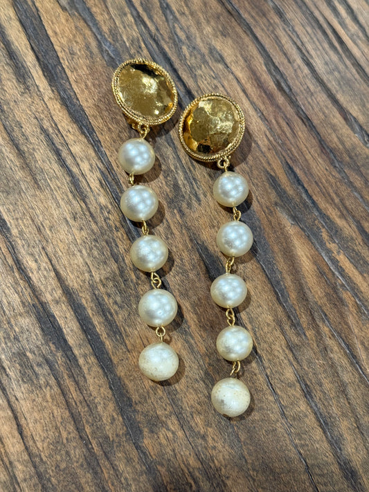 Chanel Gold-Plated and Faux Pearl Clip-on Dangle Earrings (1984-1985, 4" Length)