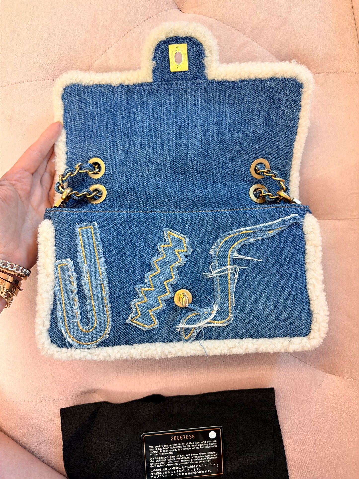 CHANEL 19A EGYPTIAN DENIM BLUE SHEARLING HIEROGLYPHIC MEDIUM FLAP BAG PARIS-NY GHW
