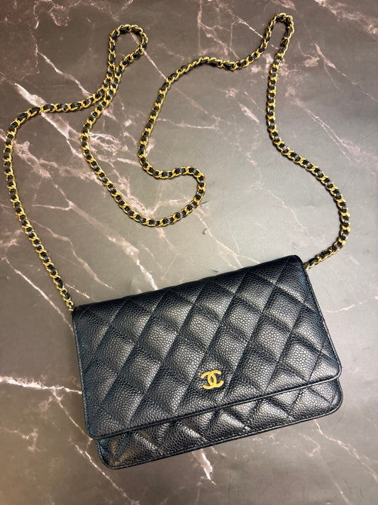Chanel Black Caviar Classic Quilted Wallet On Chain (WOC) with Gold Hardware