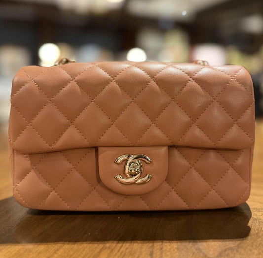 CHANEL Lambskin Quilted Mini Rectangular Flap Brown/Peach