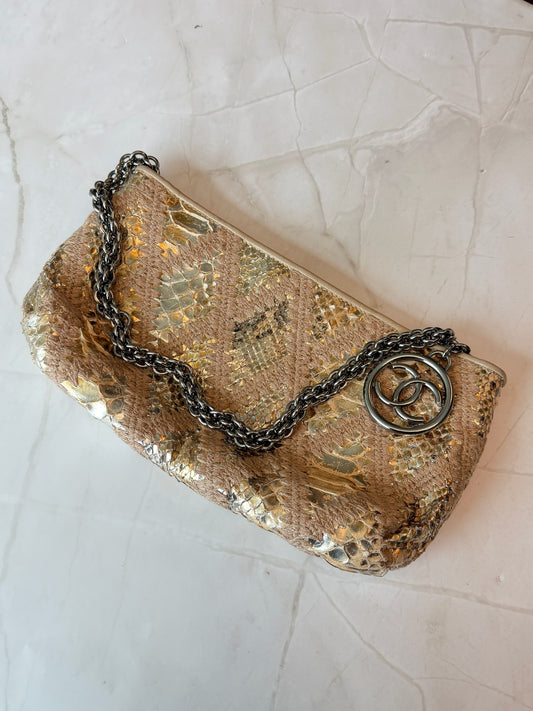 Chanel Gold Python Clutch with gunmetal hardware and big logo zipper pull