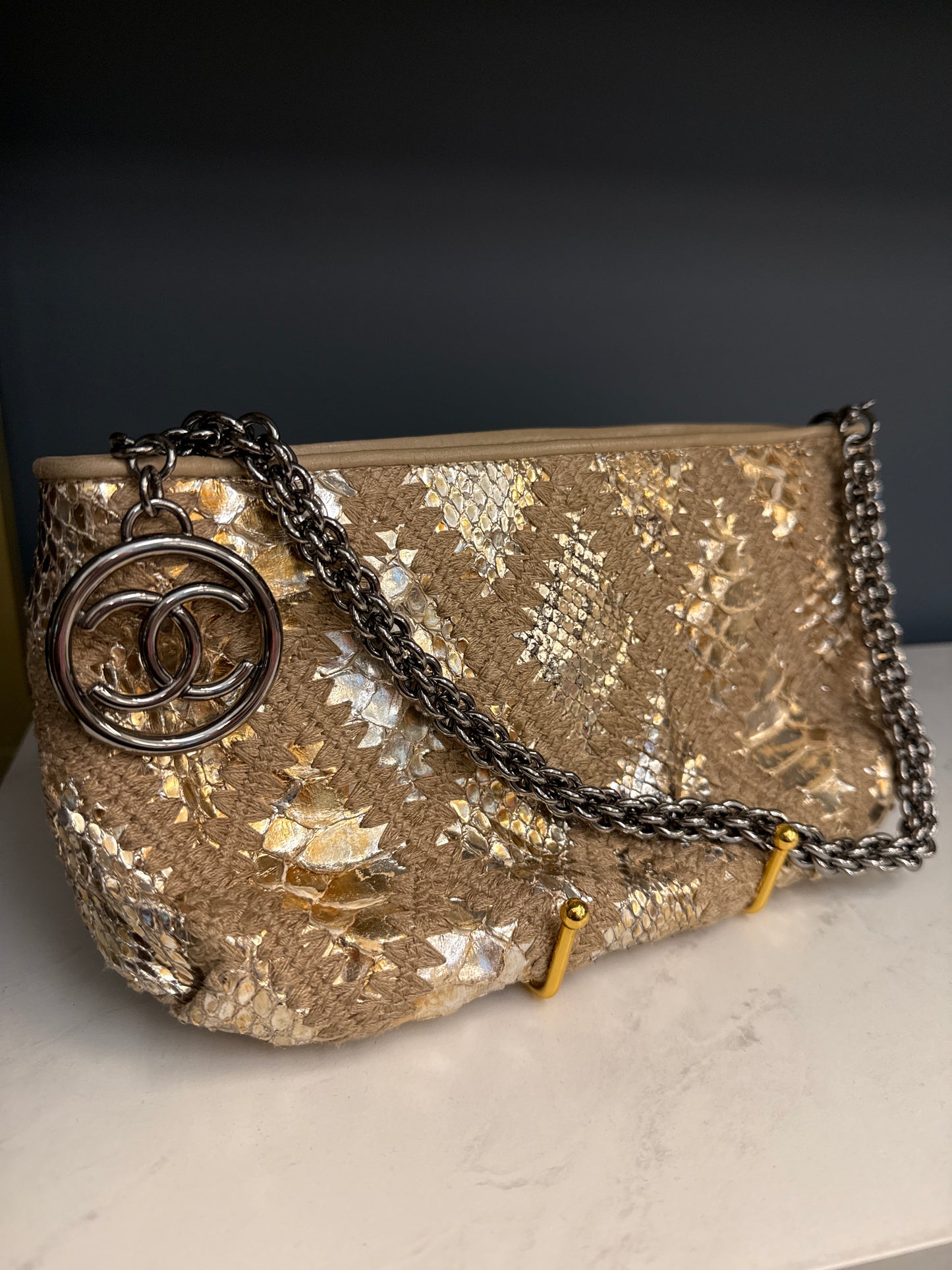 Chanel Gold Python Clutch with gunmetal hardware and big logo zipper pull