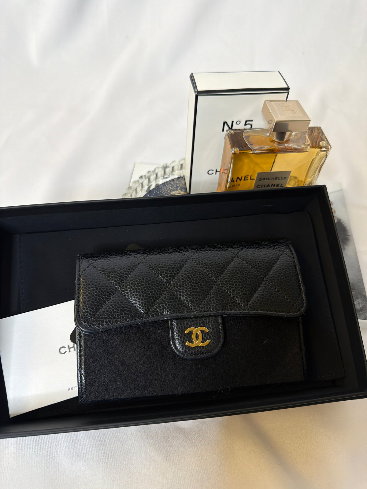 Chanel Medium Caviar Trifold wallet in black with gold hardware