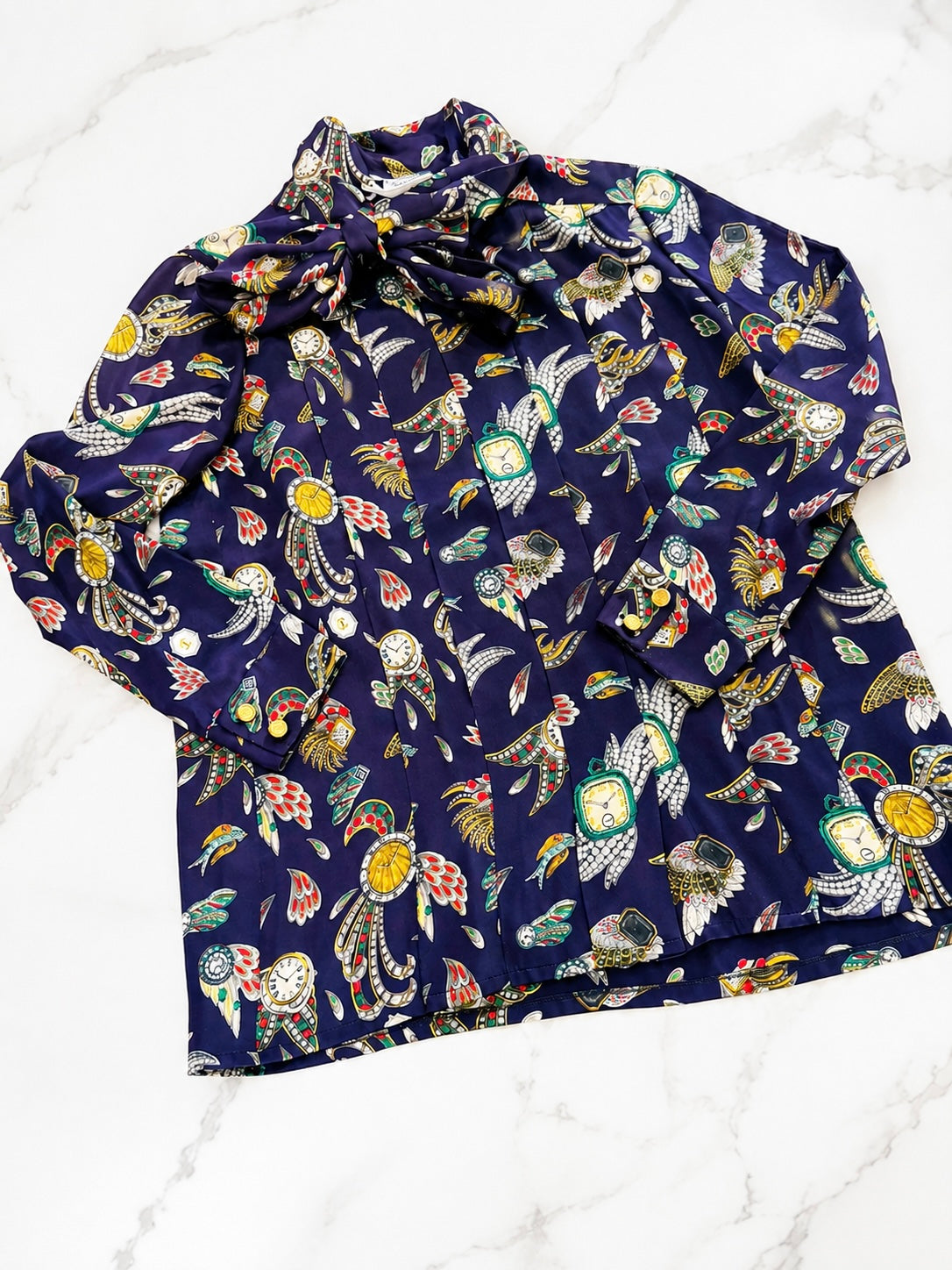Chanel Silk 1991 Rare Clock motif Blouse in Fr 40