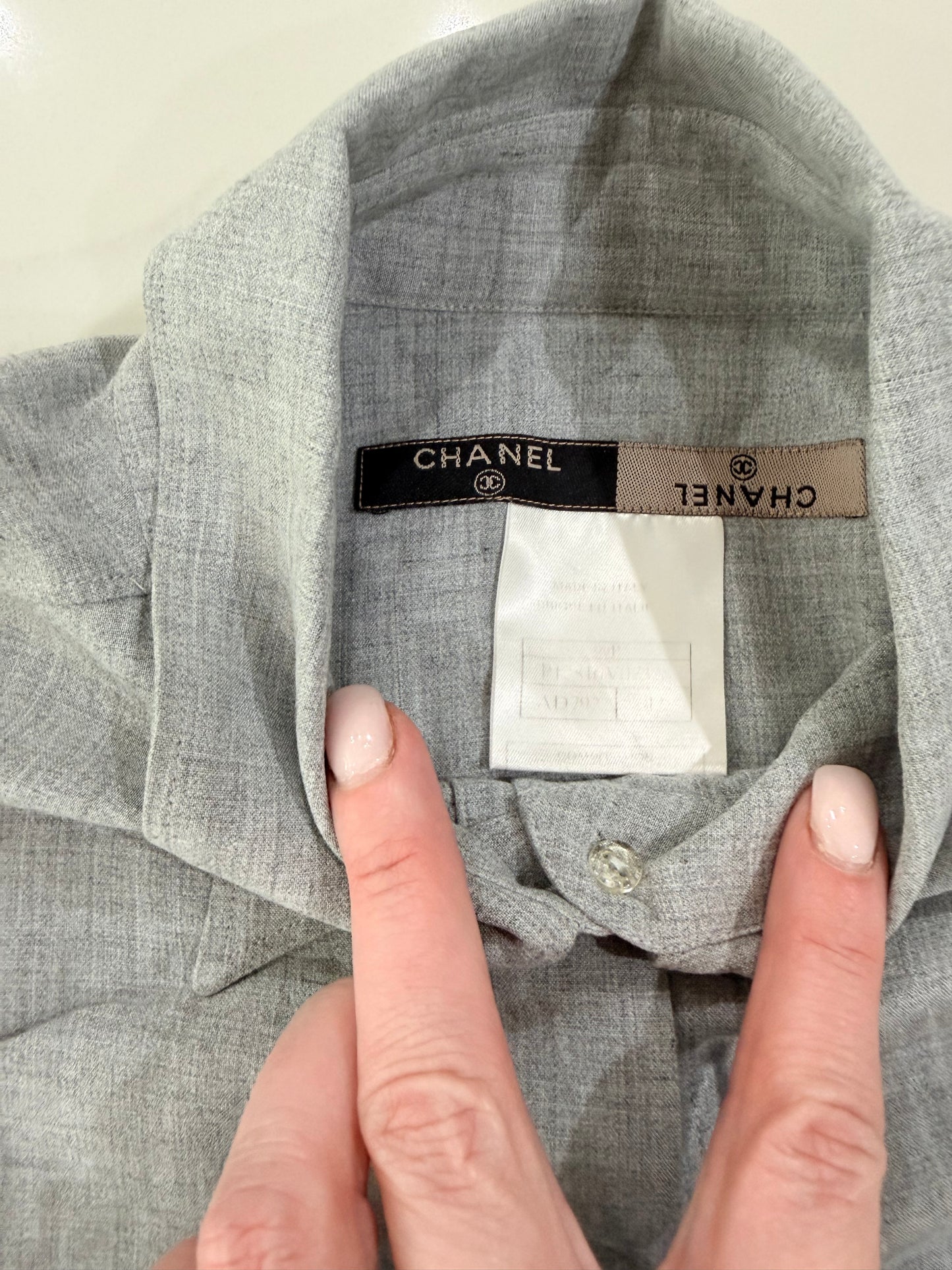 Chanel Grey Short sleeve button down with logo