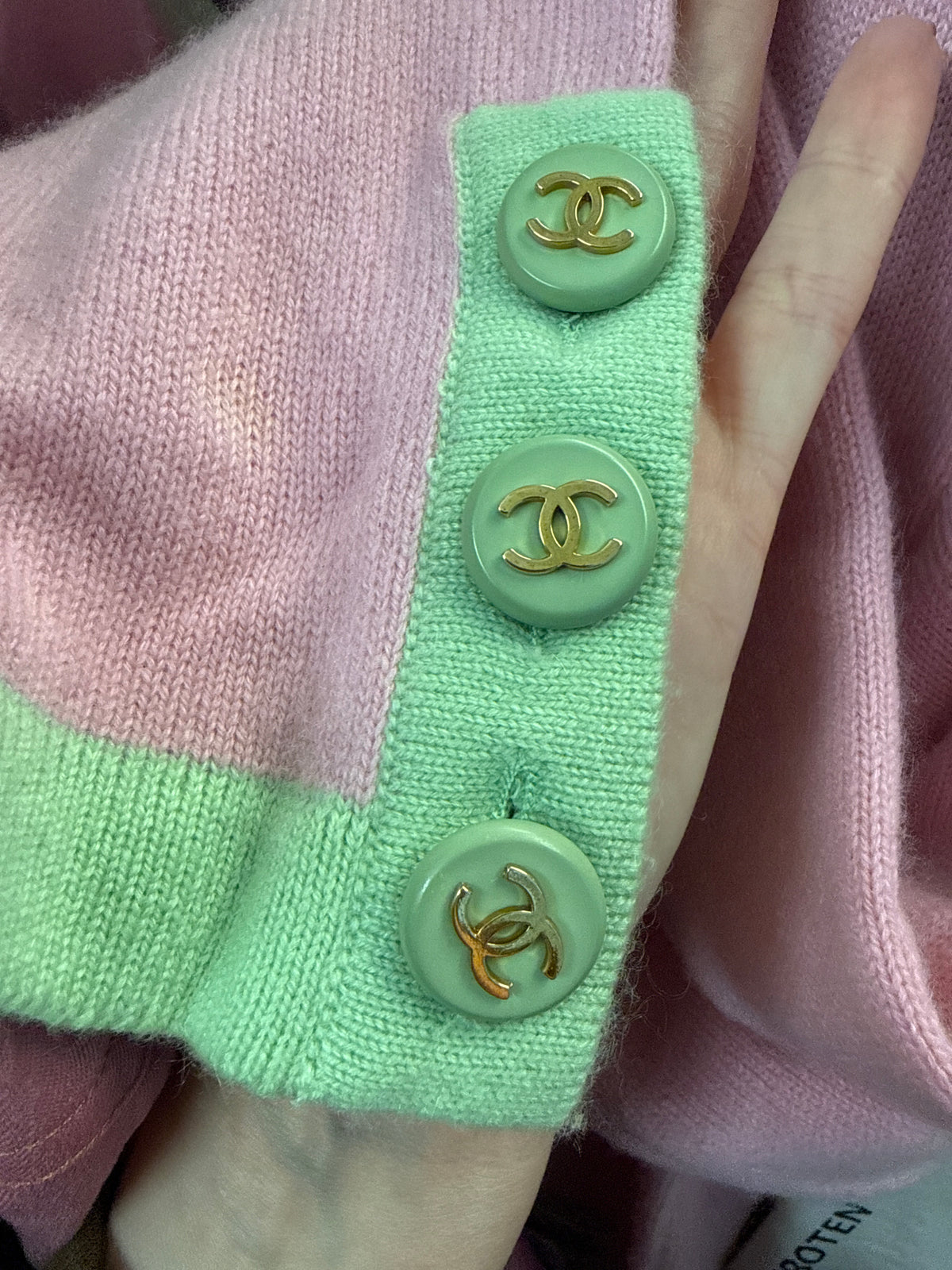 Vintage CHANEL Cashmere Knit Pink Melon Green Trim CC Logo Button Cardigan