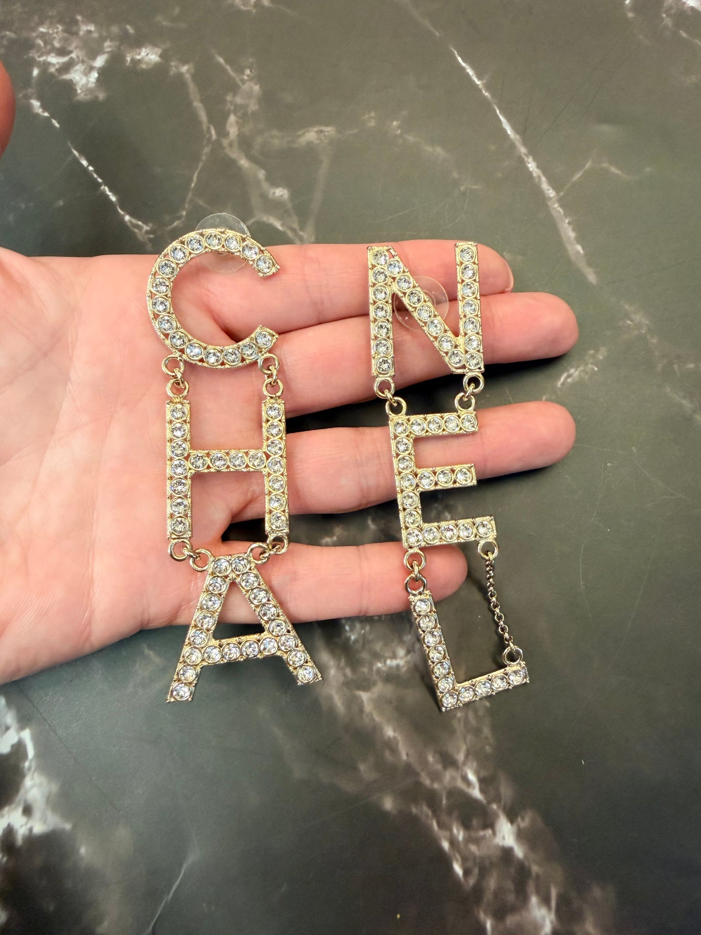 Chanel Strass “CHA-NEL” drop earrings