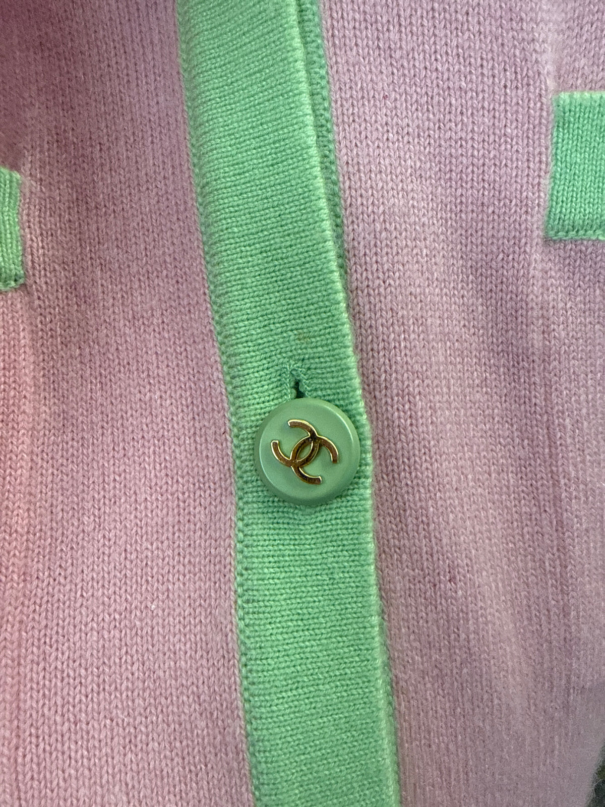 Vintage CHANEL Cashmere Knit Pink Melon Green Trim CC Logo Button Cardigan