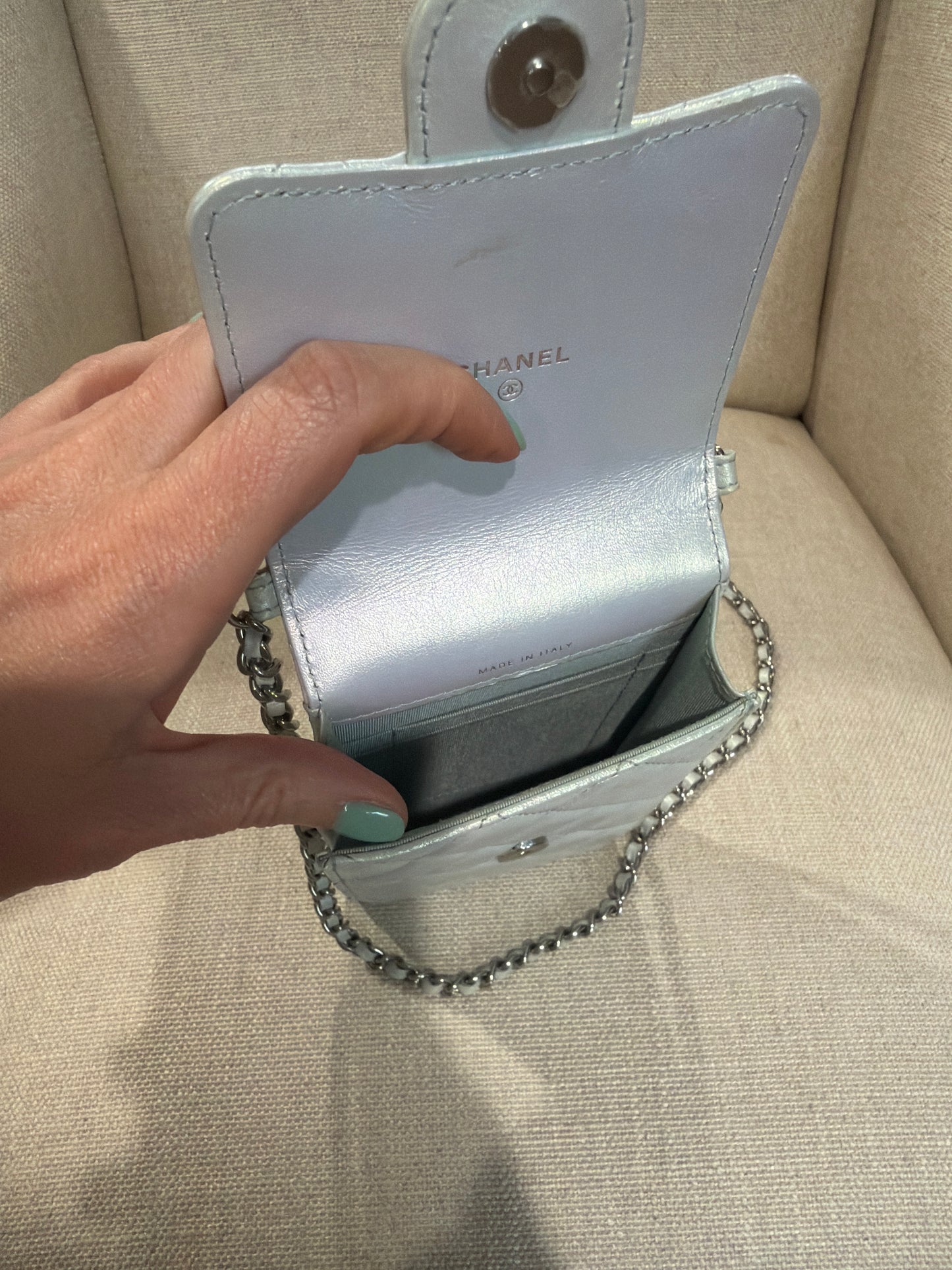 Chanel Phone Pouch Chain in an Iridescent Mermaid Rainbow finish