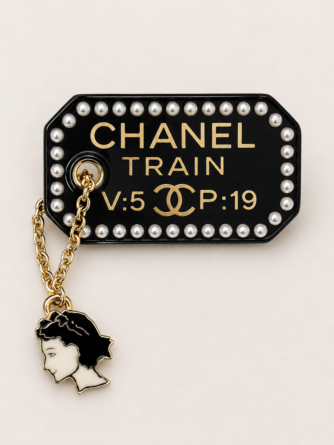 Pre-loved Chanel Black Resin Coco Train Ticket Brooch With Charm