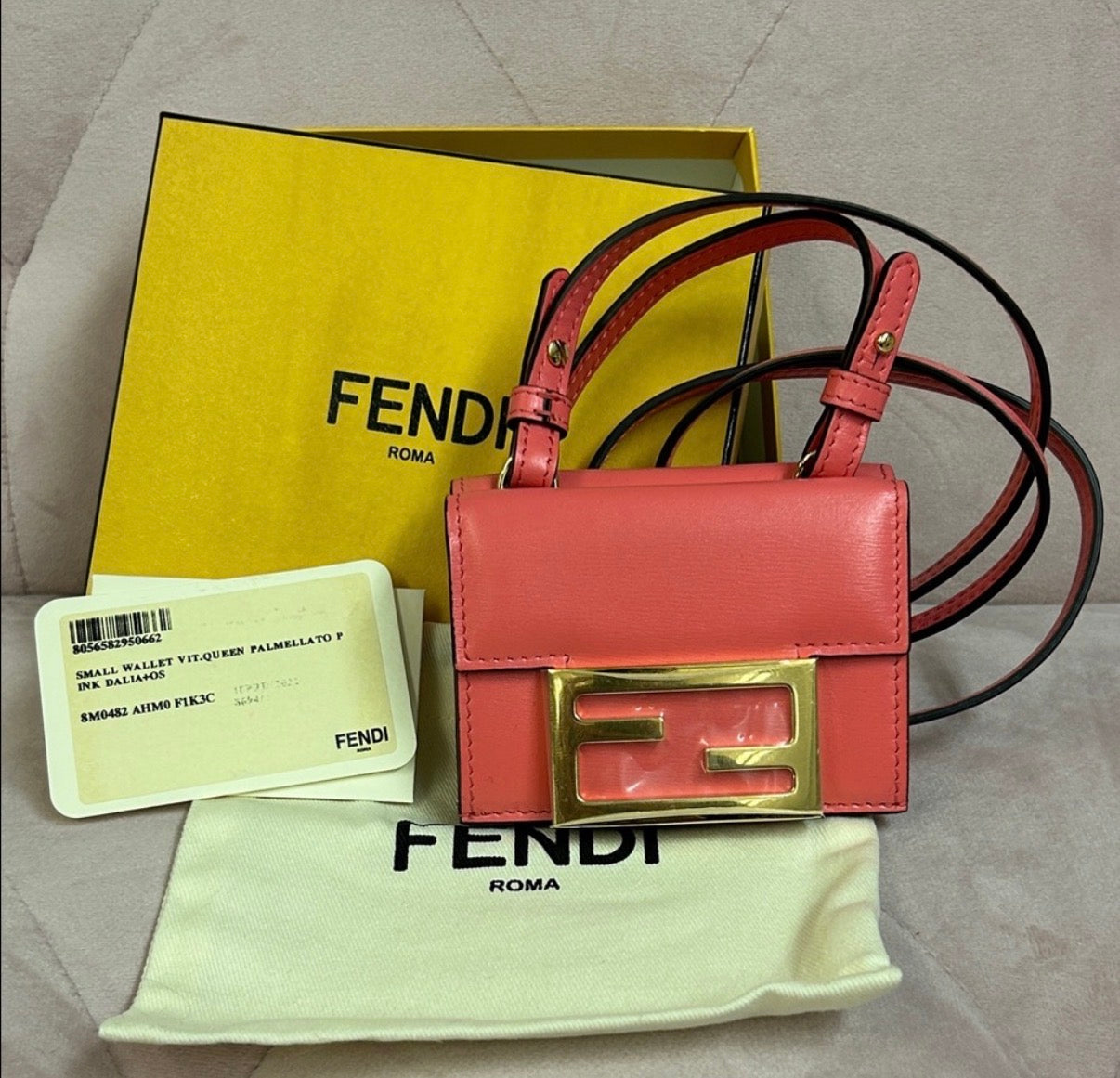 Fendi Mini Baguette Wallet on Strap – Coral Pink with Gold Hardware