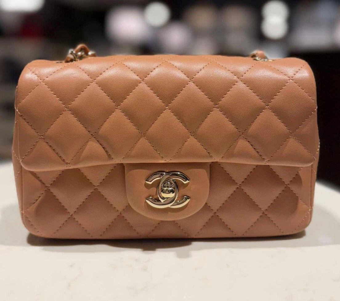 CHANEL Lambskin Quilted Mini Rectangular Flap Brown/Peach