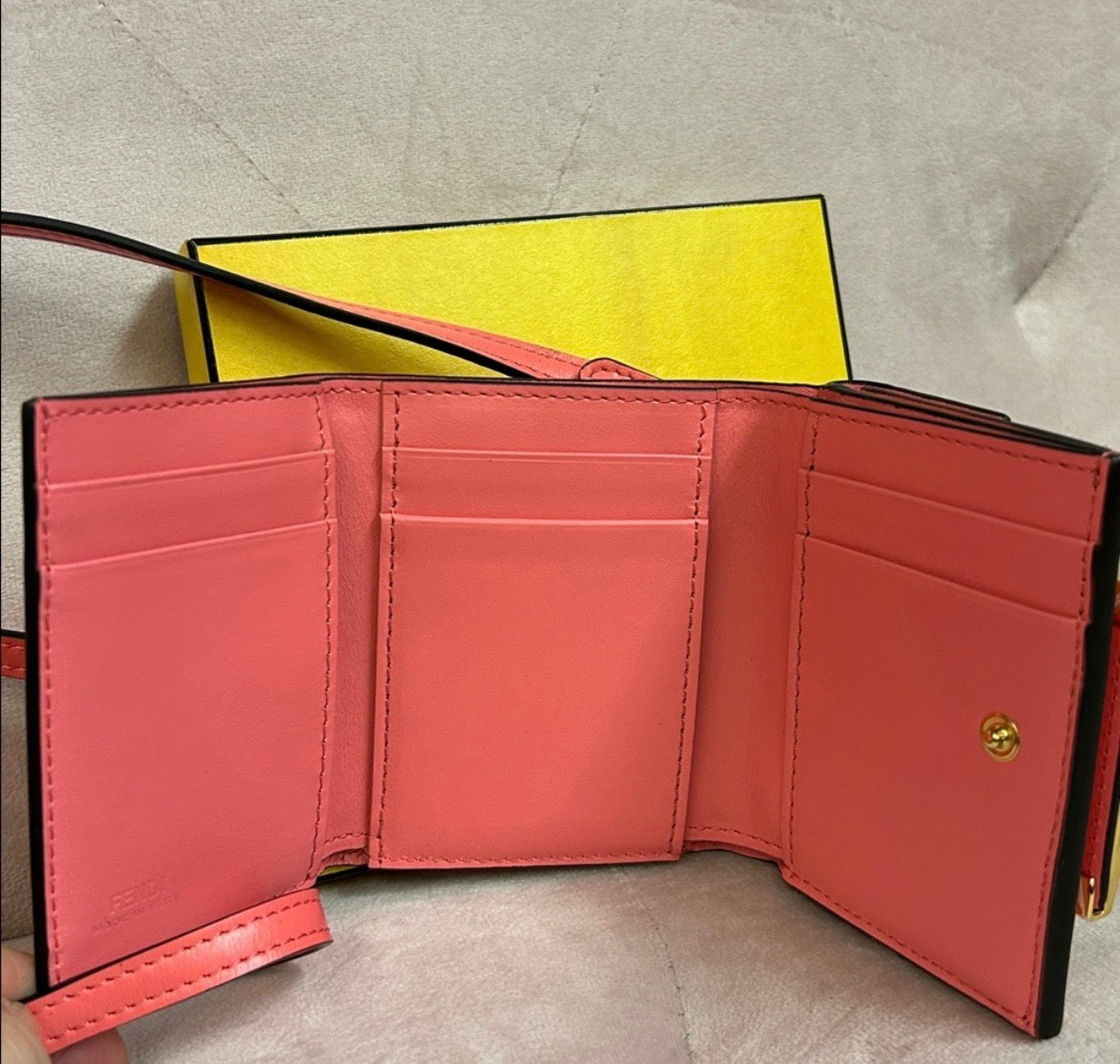 Fendi Mini Baguette Wallet on Strap – Coral Pink with Gold Hardware