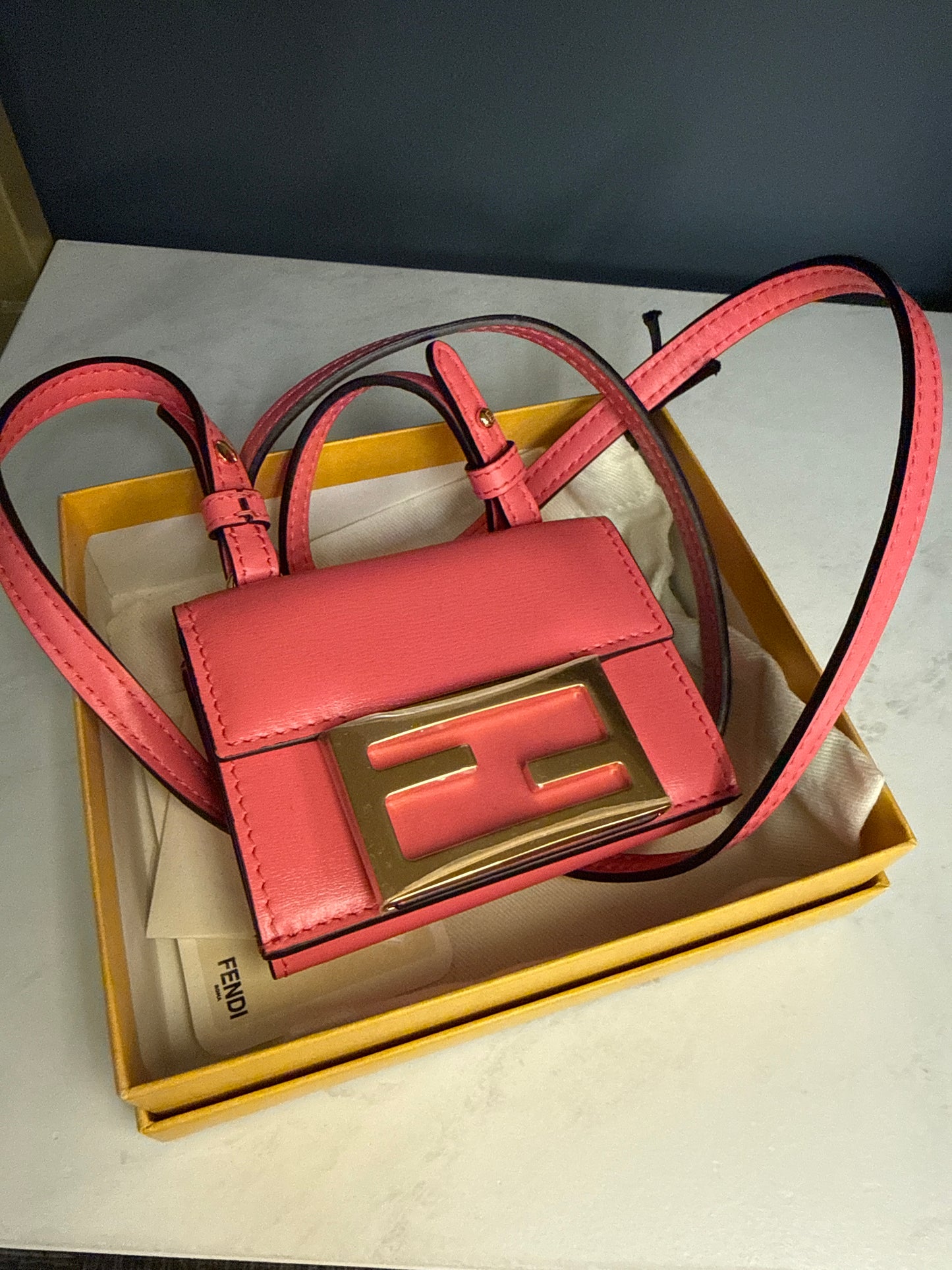 Fendi Mini Baguette Wallet on Strap – Coral Pink with Gold Hardware