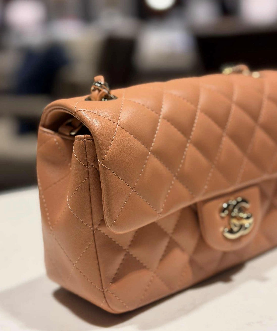 CHANEL Lambskin Quilted Mini Rectangular Flap Brown/Peach