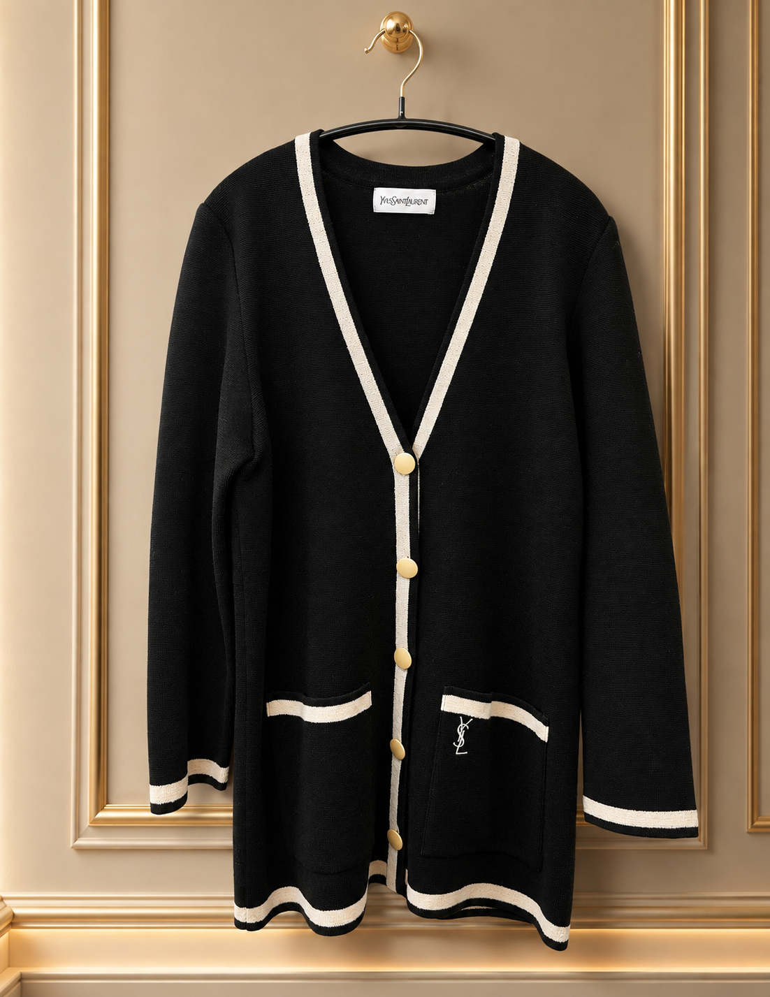 YSL Black cardigan with cream trim & logo