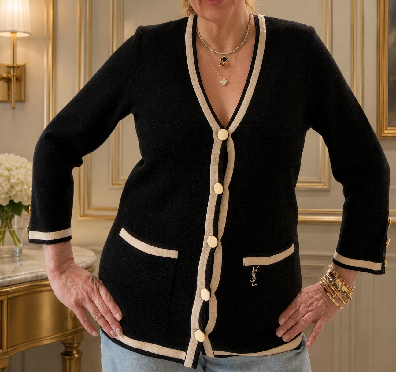 YSL Black cardigan with cream trim & logo
