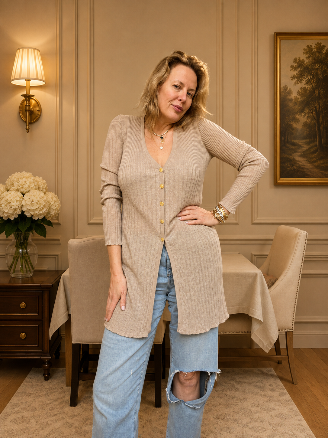 Chanel Long Beige Cardigan with cc buttons 99 fr 40