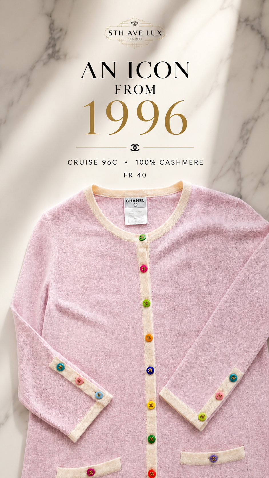 Chanel 96C Pink Vintage Cashmere sweater with rainbow buttons