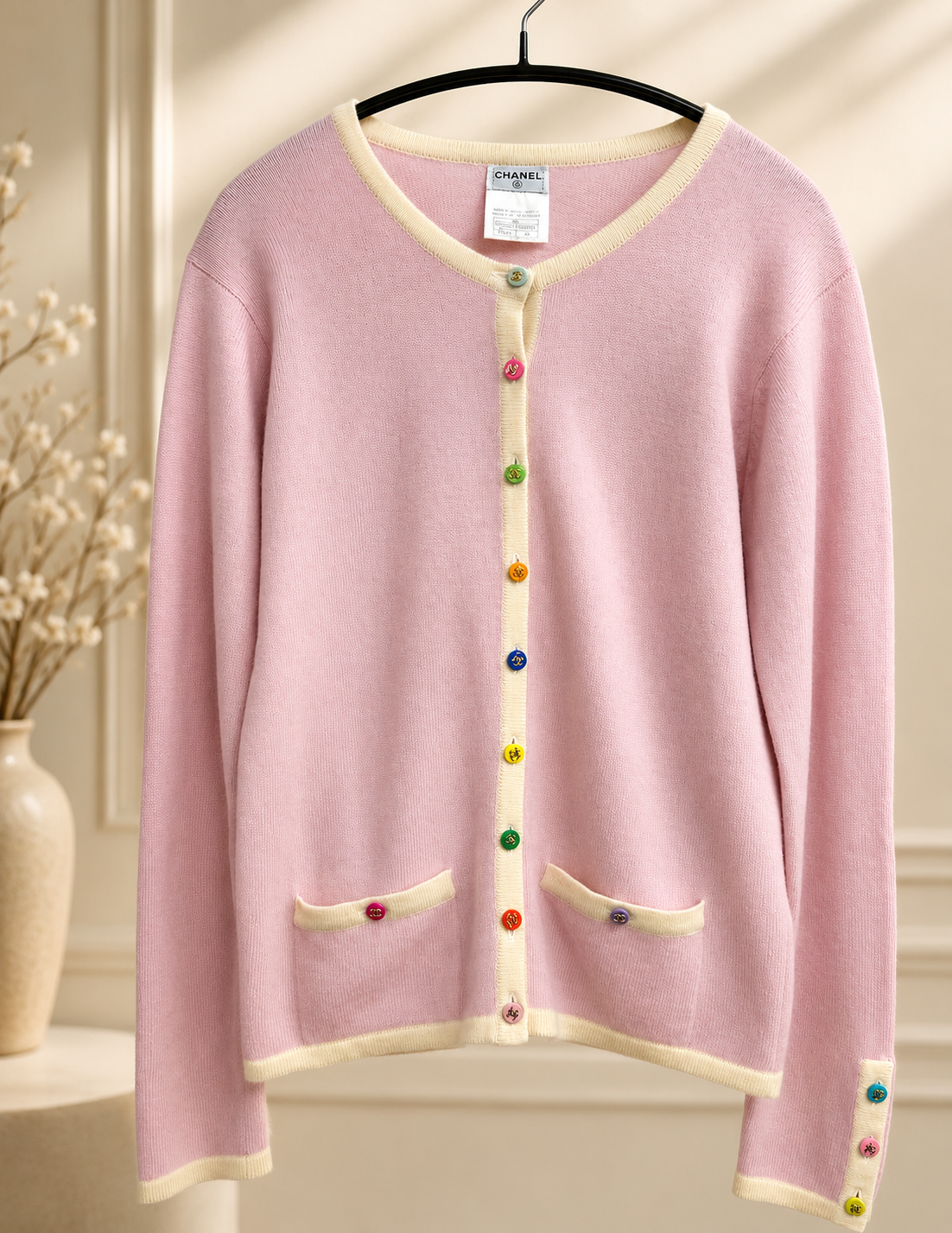 Chanel 96C Pink Vintage Cashmere sweater with rainbow buttons