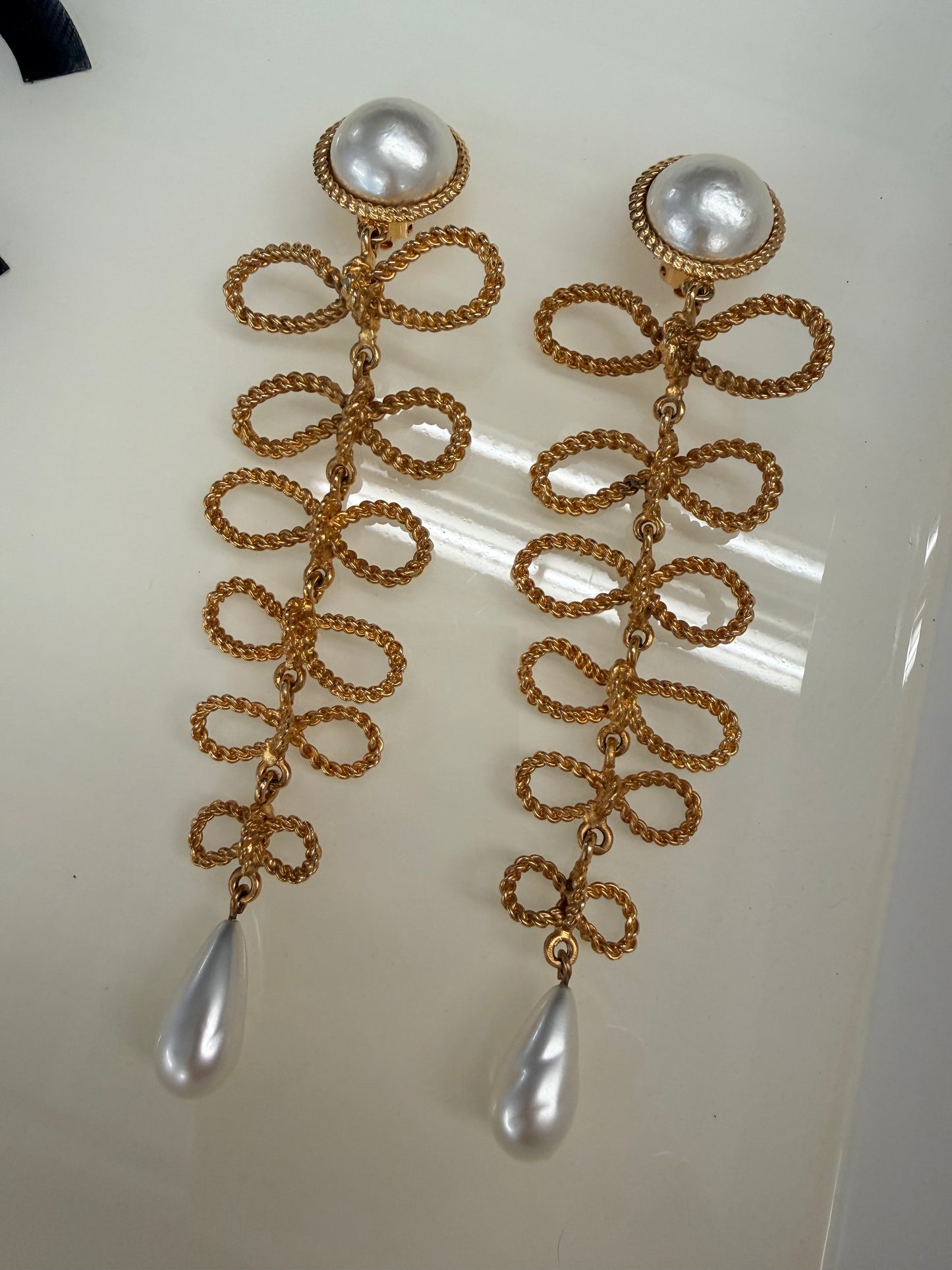 Vintage CHANEL Paris Couture Extra Long Gold Plated Bow Pearl Earrings