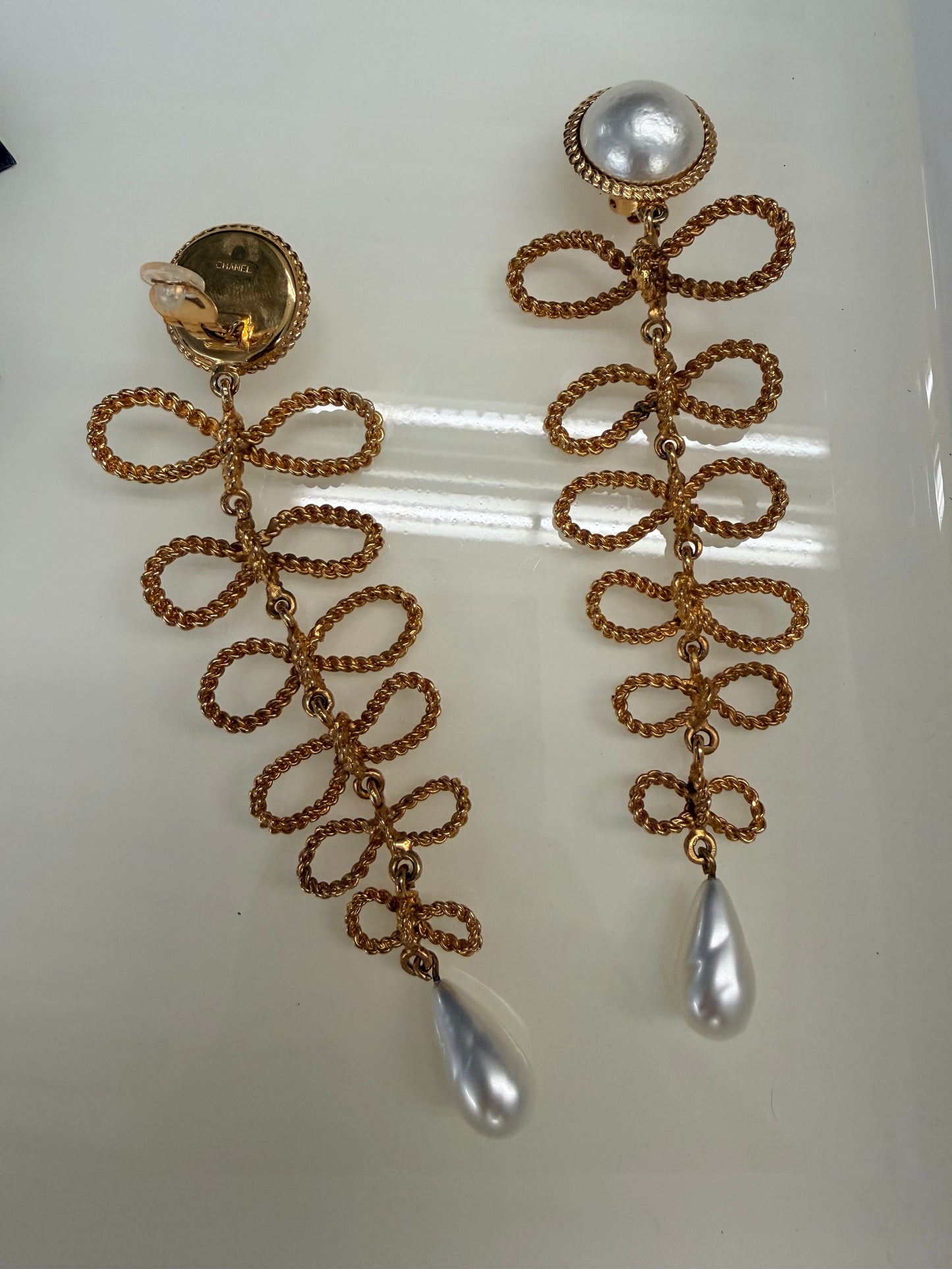 Vintage CHANEL Paris Couture Extra Long Gold Plated Bow Pearl Earrings