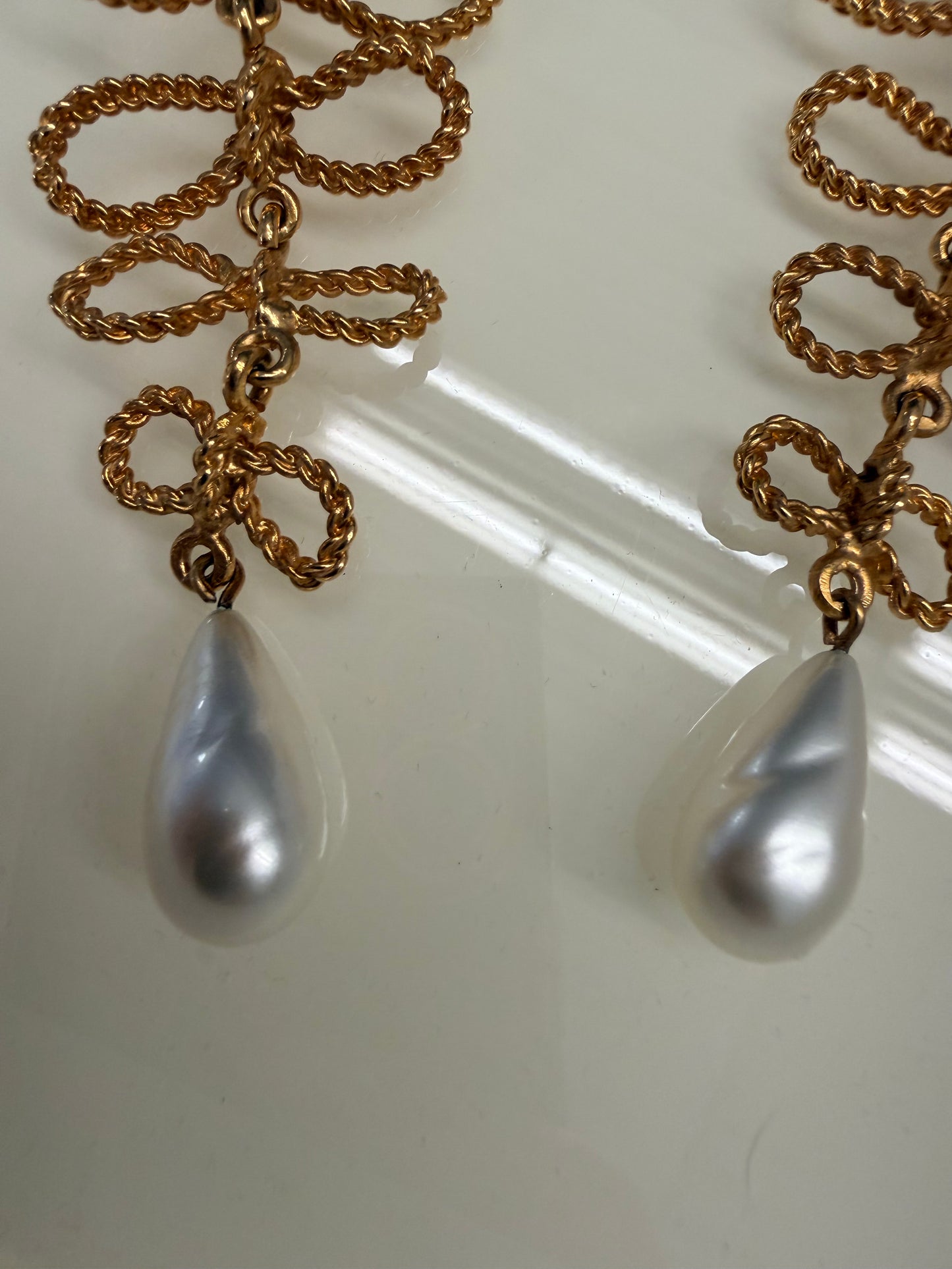 Vintage CHANEL Paris Couture Extra Long Gold Plated Bow Pearl Earrings