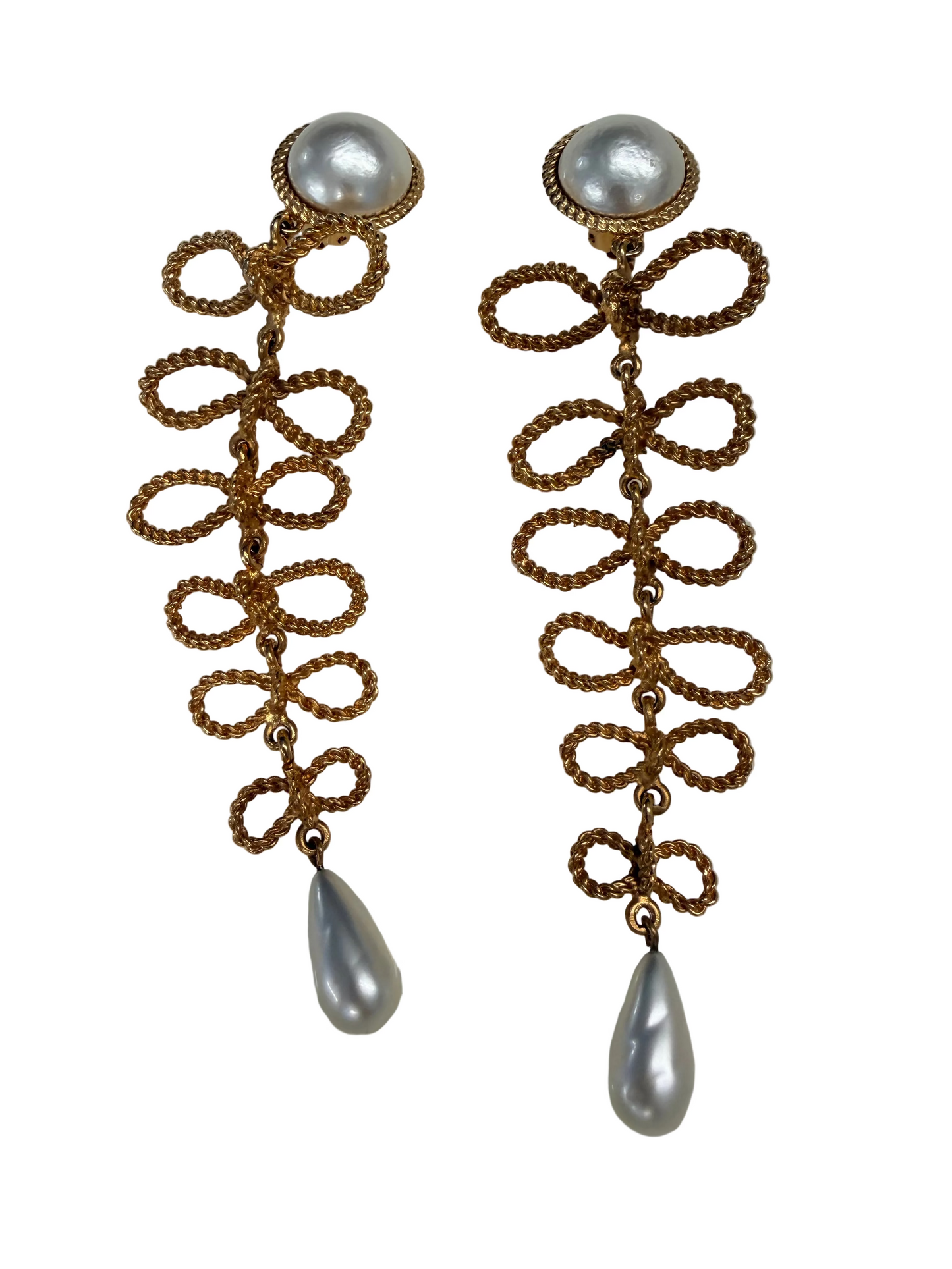 Vintage CHANEL Paris Couture Extra Long Gold Plated Bow Pearl Earrings